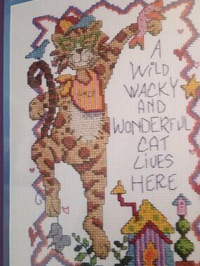A wild, wacky, wonderful cat lives here, counted cross stitch sealed kit Janlynn